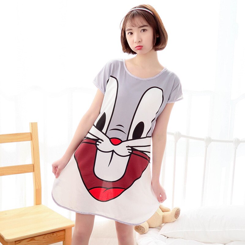 swvws Summer Cartoon Nightdress Ladies Milk Silk Double-Sided Printing Cute Nightdress Women's Nightgown Sleepwear Night Wear