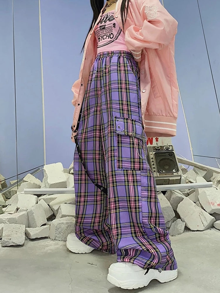 swvws Mall Goth Y2K Cargo Pants Women Hippie Purple Plaid Harajuku Streetwear Chain Checked Trousers Famale High Waist Aesthetic