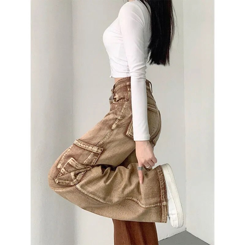 swvws Y2K Brown Cargo Pants Women 90S Vintage Grunge High Waist Baggy Jeans Streetwear Wide Leg Loose Denim Trousers Female