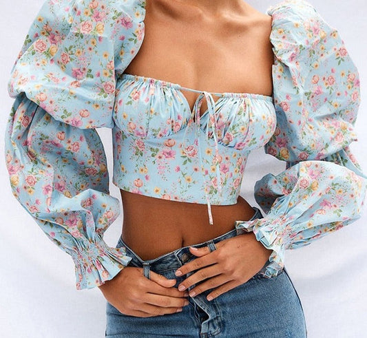 swvws Chic Floral Crop Tops Women Shirt Elegant Square Collar Puff Sleeve Blouse Women Fashion  Vintage Printed White Shirts