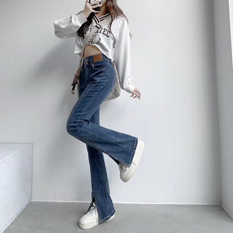 swvws Split Jeans Women's Spring And Autumn New High-waisted Slim Fit Slim Wide-legged Micro-trumpet Mopping Pants Trendy Ins