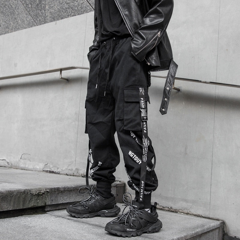 swvws Back To School  Black Cargo Pants Men Joggers Cargo Trousers For Men Jogging Japanese Streetwear Hip Hop Hippie Gothic Ribbon