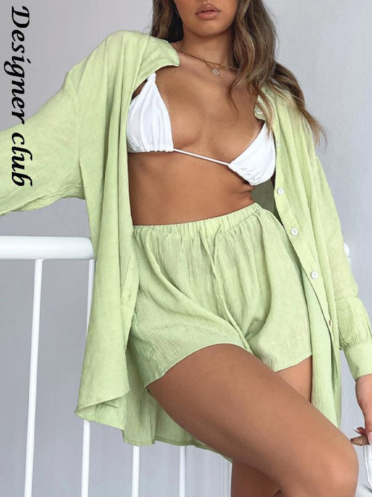 swvws Back To School Summer Sexy Loose Beach Shirt Outfits Women Elegant Long Sleeve Blouse And Shorts Suits Fashion Solid Single-Breasted Tops Set