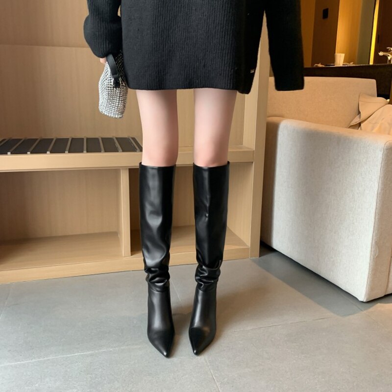 swvws Autumn Boots     NEW Fall Shoes Women Pointed Toe Stiletto Leather Boots for Women INS Fashion Knee-high Boots Solid Pleated High Heel Boots