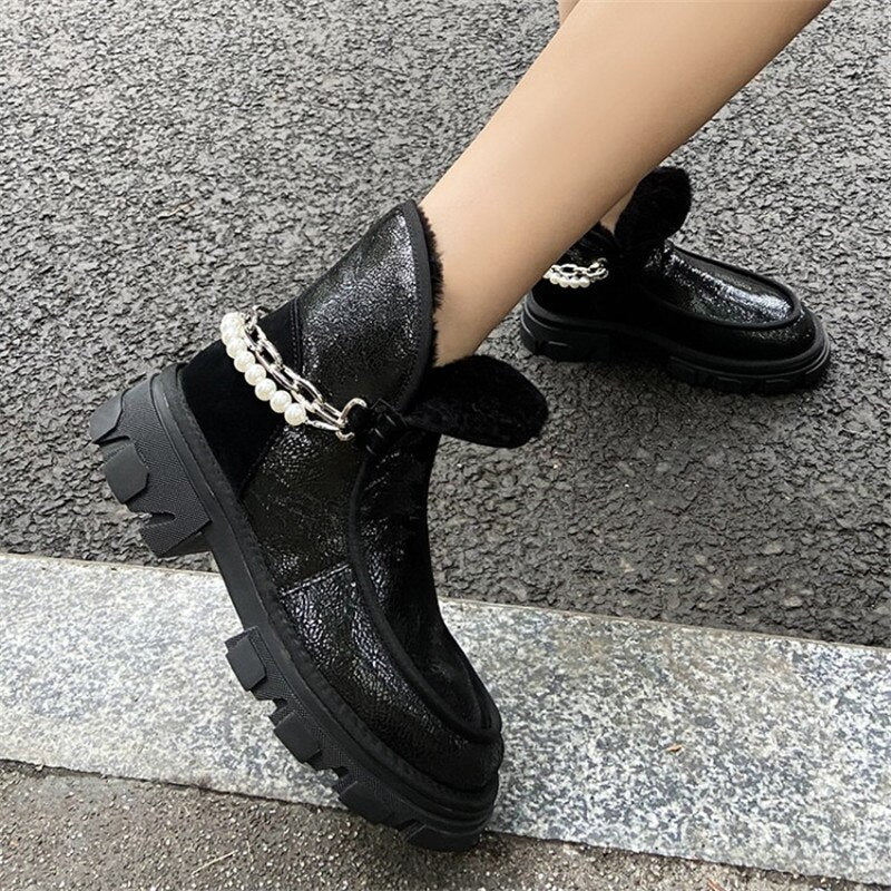 swvws  fashion inspo    New Winter Warm Women's Ankle Boots Pearl Chain Thick Bottom Snow Boots Fashion Women's Boots Wool Fur Boots Youth Boots