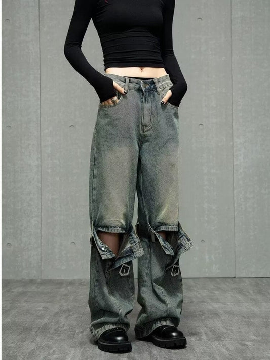 swvws High Street Niche Design Wide Leg Washed Jeans For Men And Women, Straight Tube Loose Fitting Retro Pants, Trendy Women's Jeans