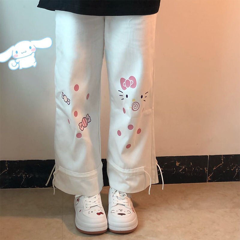 swvws Kawaii Cartoon Print White Wide Leg Pants Women Korean Fashion Cute Oversize Loose Trousers For Female Soft Girl Pink