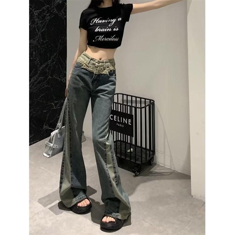 swvws Summer New Splice Slim Raglan Jeans Women Spice Girls High Waist Design Sense Small Public Show Thin Flare Pants