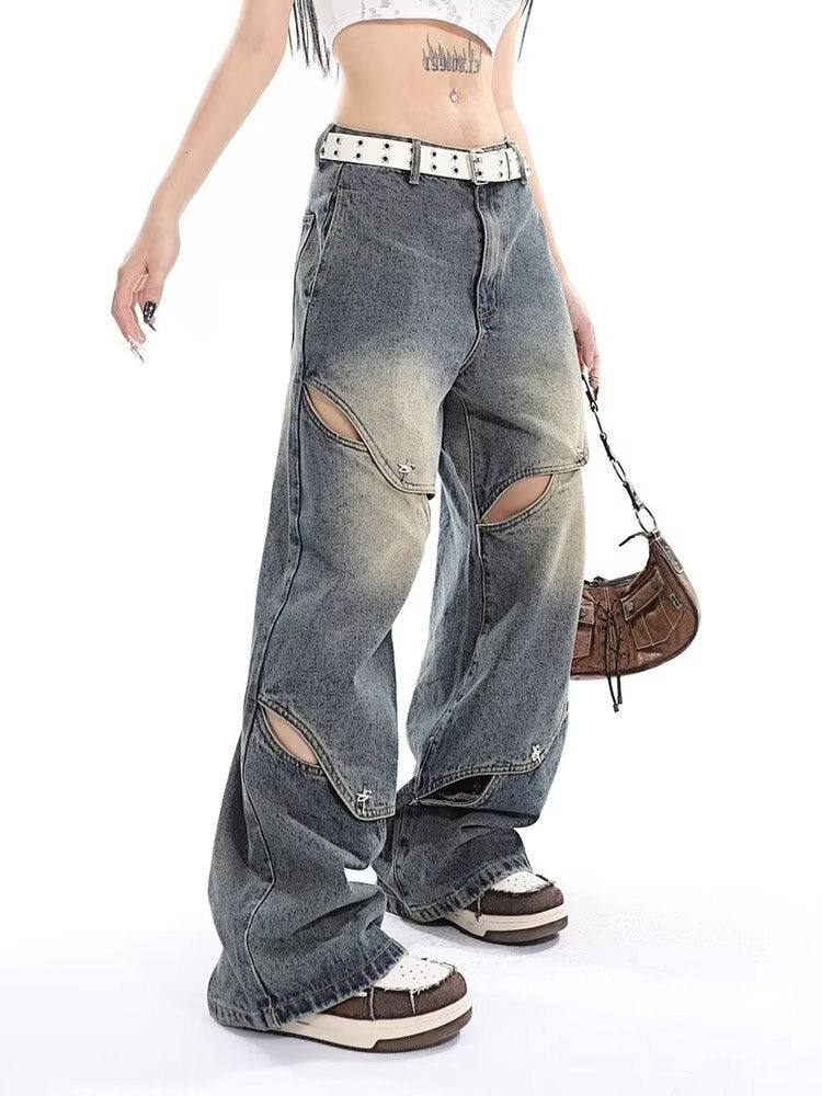 swvws Small crowd deconstruction design sense jeans, high street wide leg pants, high-end floor long pants, trendy brand women's jeans