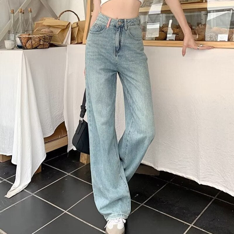 swvws Baby Blue Loose Straight Jeans Women's High Waist Thin Summer Thin Design Tassel Versatile Wide Leg Pants Trend