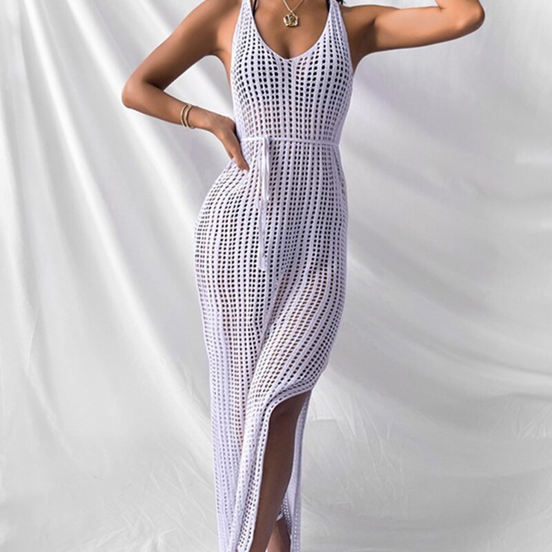 swvws Maxi Dress Women Cut Out Sexy Beach Halter Backless Summer Long Dresses Female  Party Elegant Knit Bodycon Vestidos