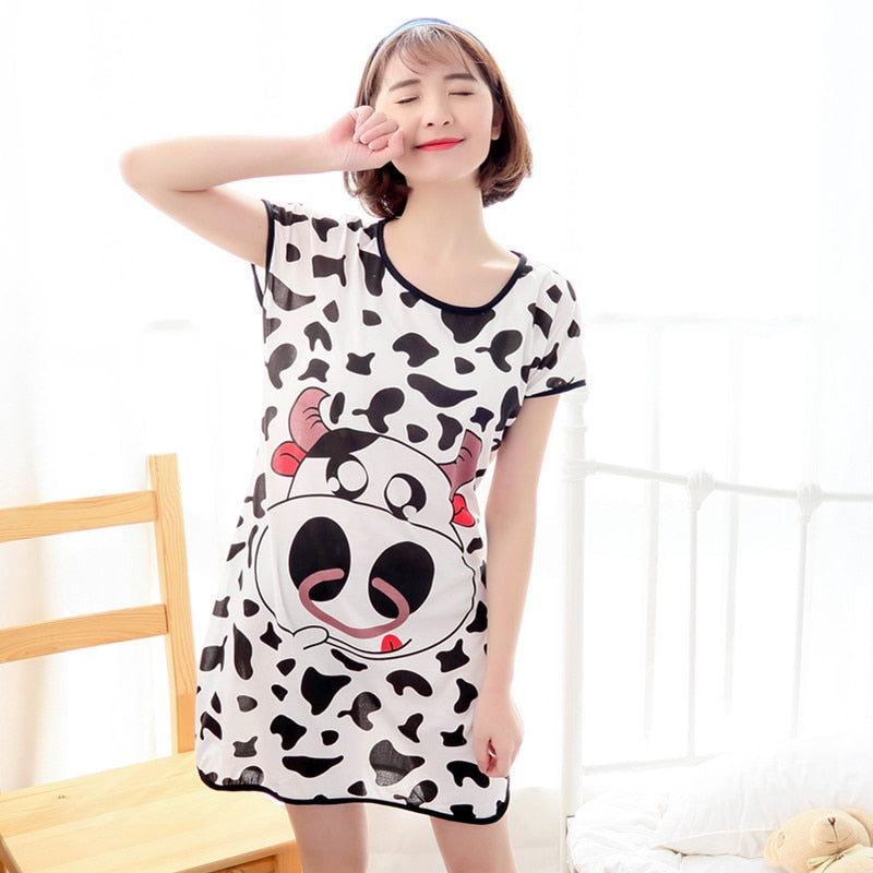 swvws Summer Cartoon Nightdress Ladies Milk Silk Double-Sided Printing Cute Nightdress Women's Nightgown Sleepwear Night Wear