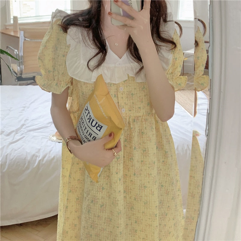 swvws Ruffles V-Neck Summer Pajamas Set Women Short Sleeve Sweet Blouse + Shorts Suit Cotton Sleepwear Flowers Plaid Homewear