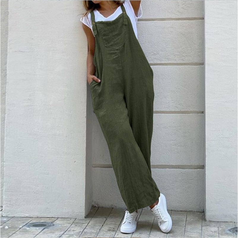 swvws Suspender Solid Long Women Jumpsuit Casual High Waist Cotton Linen Women Jumpsuits Pocket Straight Button Jumpsuits Loose 3XL