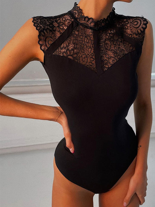 Back to School Women Sexy Black Lace Bodysuits Rompers Sleeveless Slinky Bodysuit