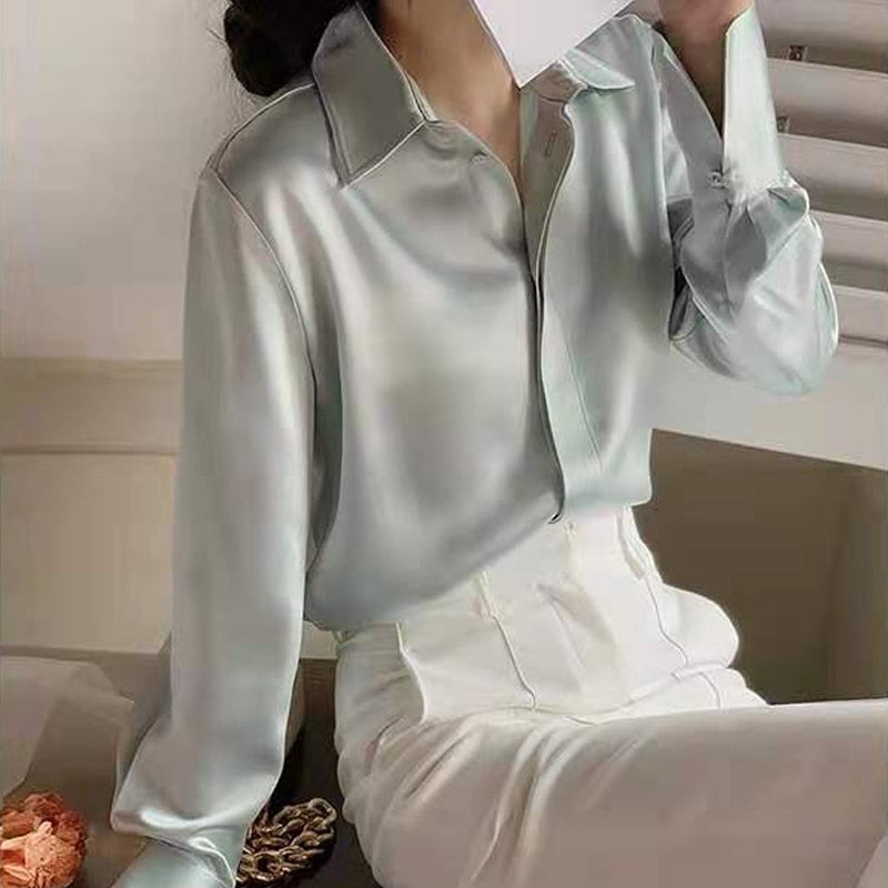 swvws Fashion New Satin Blouse Women Long Sleeve Women Shirt Tops Casual Office Button Shirt Turn Down Collar White Shirts Blusa 17823