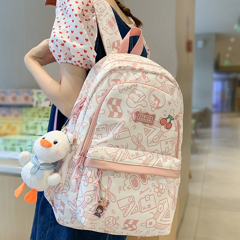 swvws Cartoon Print Female Laptop College Packet Girl Travel Harajuku Book Backpack Lady Kawaii Graffiti Bags Fashion Women SchoolBag