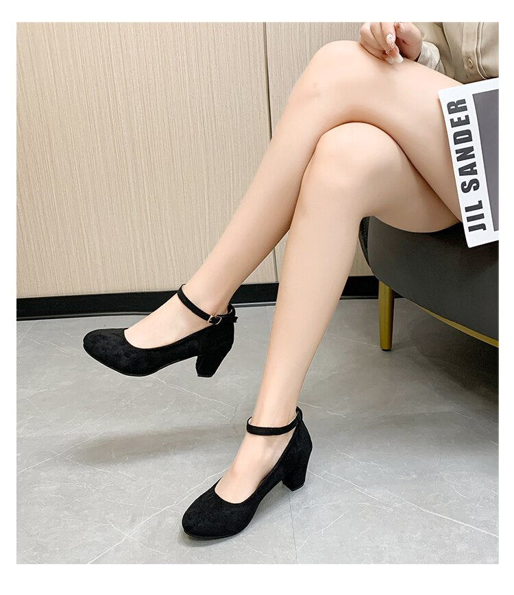 swvws Fashion Women Pumps High Heels Suede Women Shoes Chunky Ankle Work Walking Shoes Sexy Pointed Toe Pumps Ladies Party Shoe