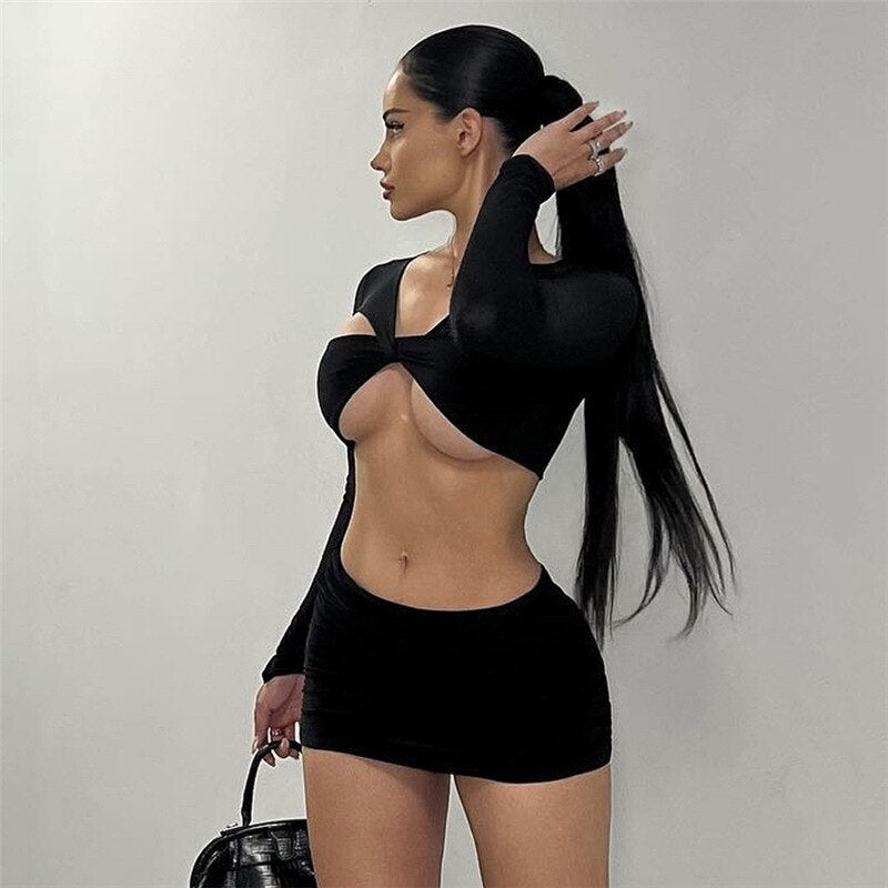 swvws Women Sexy Y2K Clothes Hollow Out 2 Pieces Long Sleeve Crop Top Bodycon Mini Skirt Matching Set Club Streetwear Outfits