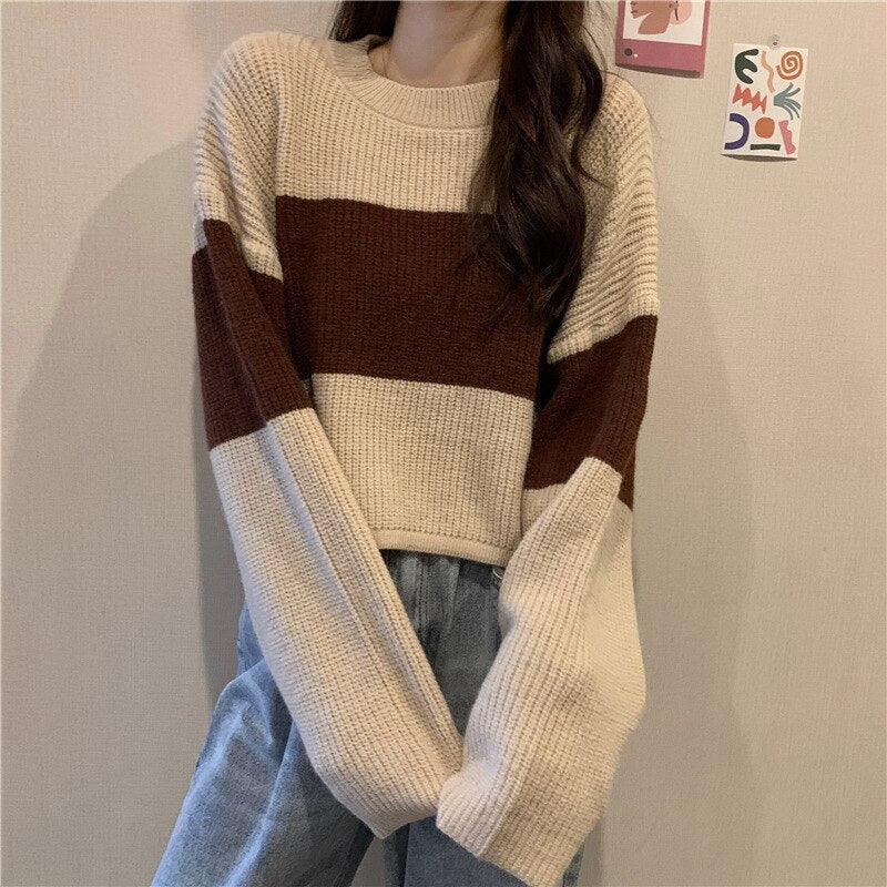 swvws Autumn Winter Knitted Sweater Women Casual Stripe Pullover Korean Vintage Loose Short Knitwear Female Long Sleeve O Neck Sweater