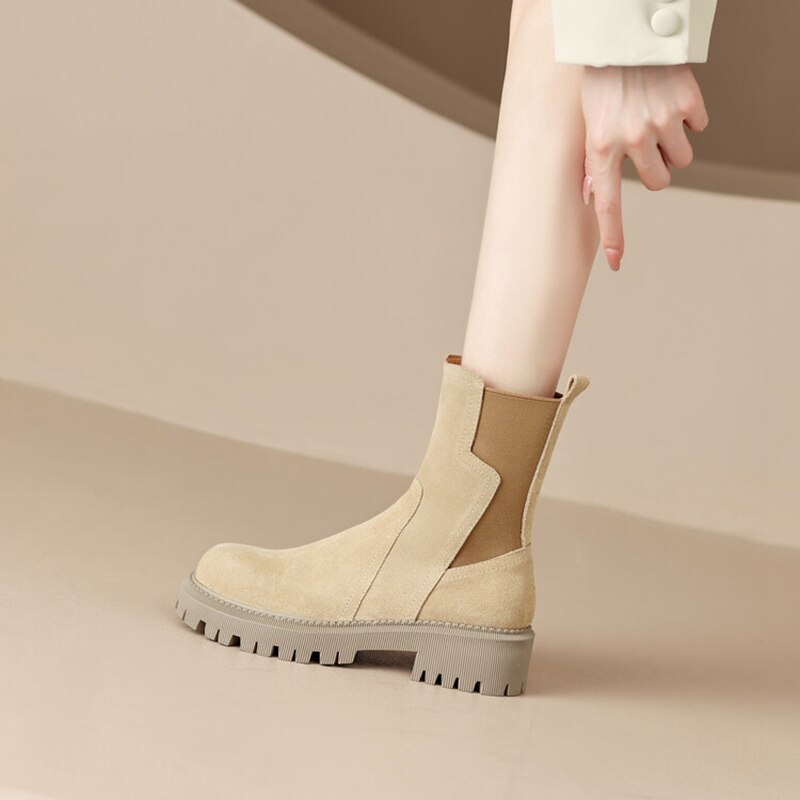 swvws Autumn Shoes    NEW Autumn Shoes Women Chelsea Boots Round Toe Thick Heel Short Boots Cow Suede Boots for Women Winter Platform Shoes for Women