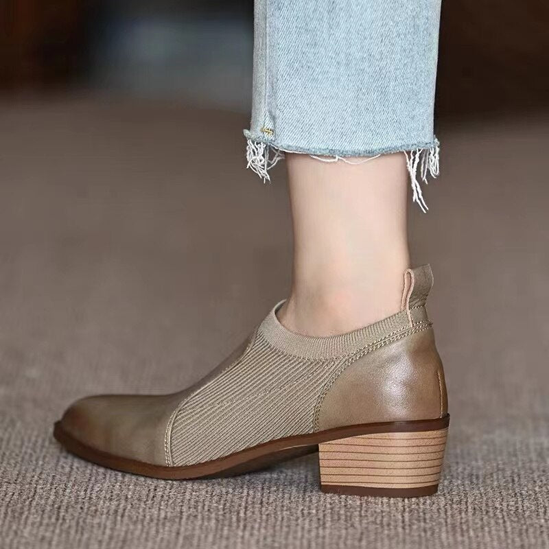 swvws Autumn New Soft Work Shoes,Women Mid Heels,Stretch,Pointed Toe,Slip On British Style