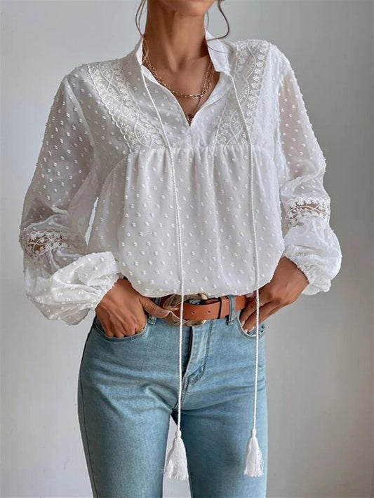 swvws Summer Elegant Polka Dot Blouse Shirt Women Long Sleeve Casual Blouses Loose Jacquard Office Lady Tops Female V Neck Solid Shirt