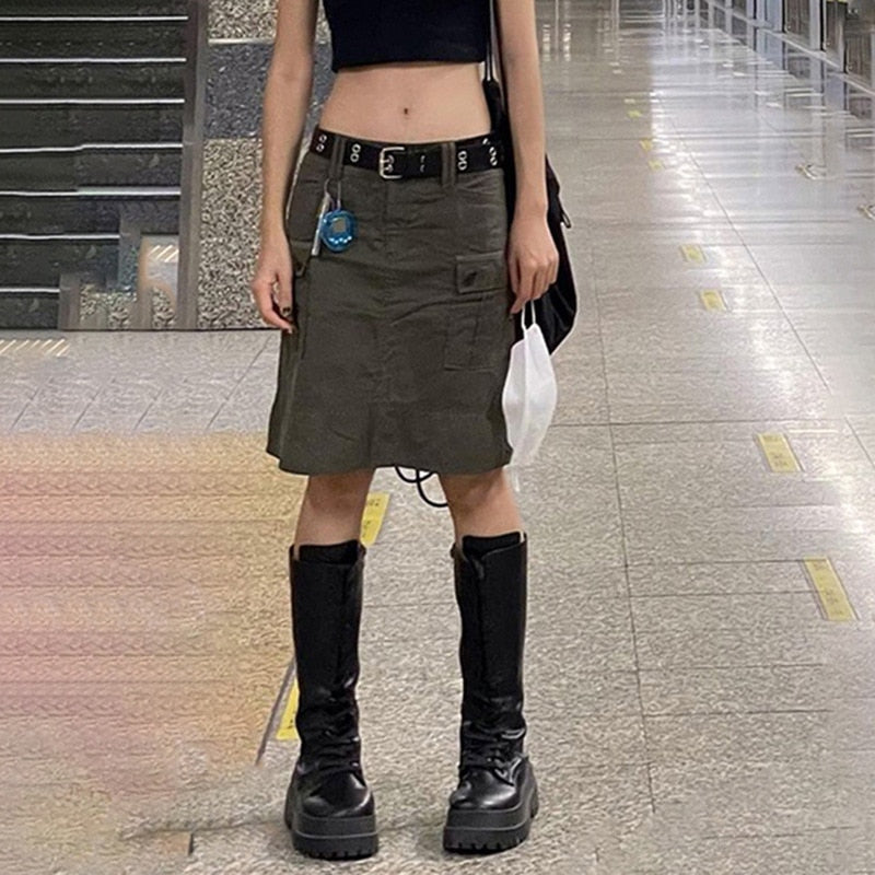 swvws Y2K Grey Cargo Skirts Pockets Low Waisted Grunge Fashion Streetwear Straight Skirts Aesthetic Korean Outfits Chic New