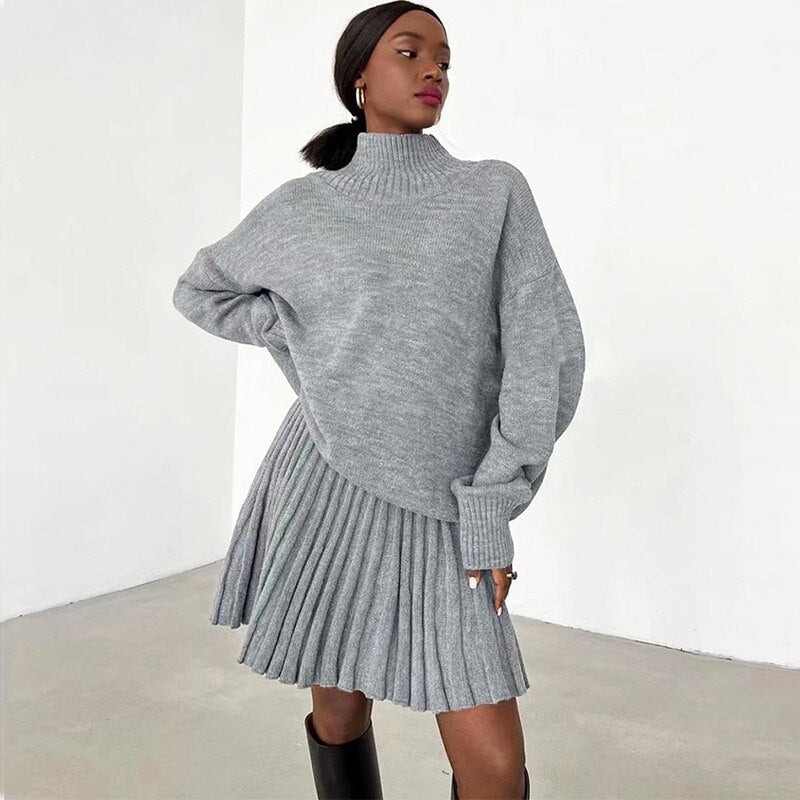 swvws Autumn Knitted Skirts Sets Women Mini Pleated Skirt Long Sleeve Slim Crop Pullover Lady 2 Pieces Set  Casual Female Suits