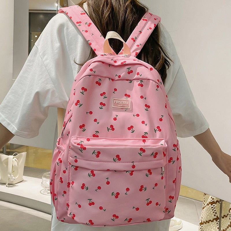 swvws New Girl Cherry Floral Travel Book Backpack Women Trendy Print School Bag Female Laptop College Backpack Fashion Lady Kawaii Bag