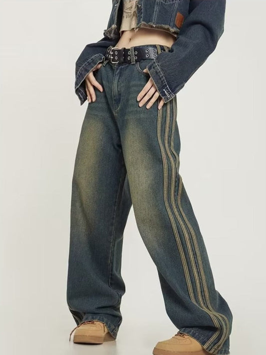 swvws Vintage Washed Old High Street Side Striped Jeans Women's Loose Wide Leg Slim Pants Women's Jeans