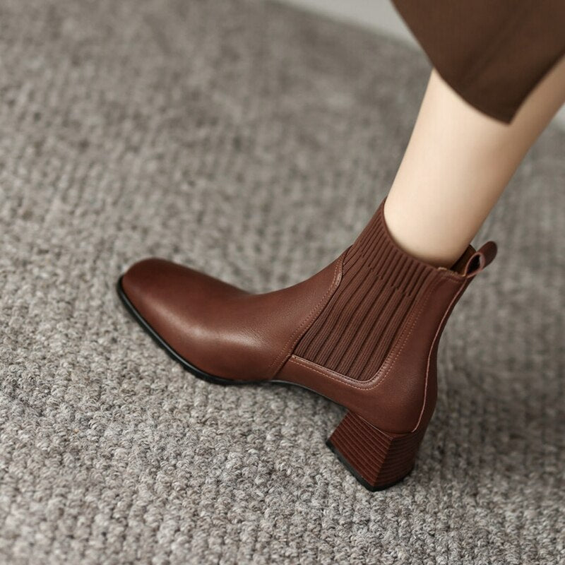 swvws Autumn Boots   NEW Ankle Boots for Women Genuine Leather Square Toe Chunky Heel Shoes Winter Modern Boots Concise Vintage Knitting Short Boots