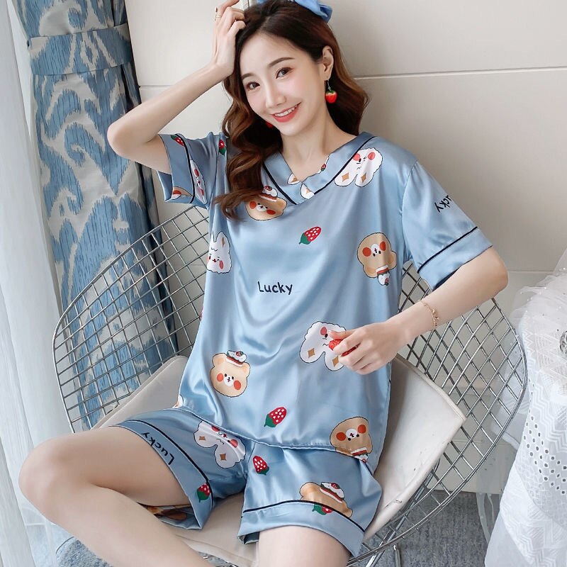 swvws Women's Summer Thin Ice Silk Pajamas Short-Sleeved Korean Version Cute Silk Student Cartoon Home Clothes Two-Piece Suit