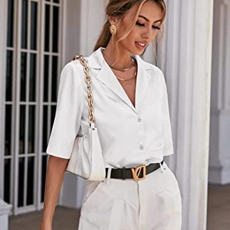 swvws Short Sleeve Satin Blouse Women  Summer Notched White Silk Shirt Elegant Office Lady Simple Button Up Casual Shirts 19935