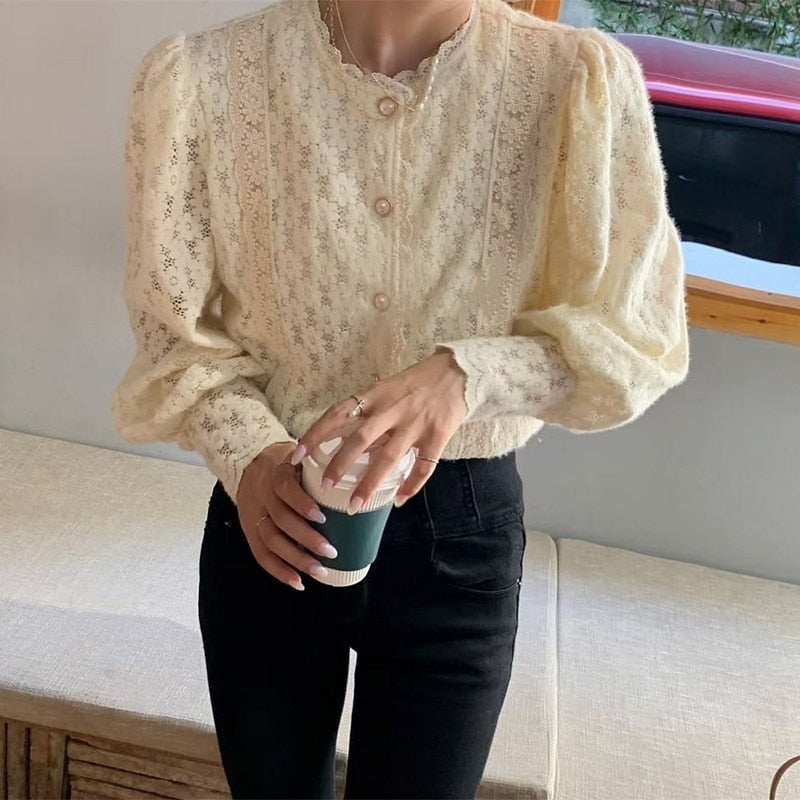 swvws Crochet Lace Women Shirt Fashion Vintage Flowers Button Shirts Elegant Casual Loose Puff Long Sleeve Blouses Tops Blusas