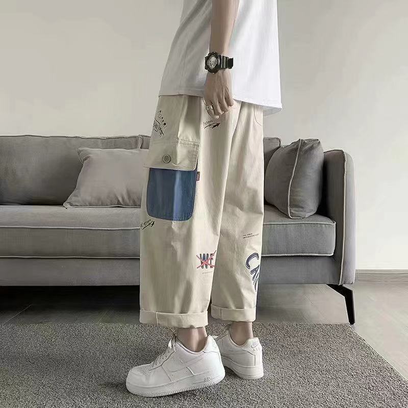 swvws Back To School  Khaki Cargo Pants With Print Baggy Loose Casual Trousers Male Summer Cotton Korean Streetweer Harajuku Cartoons Graffiti