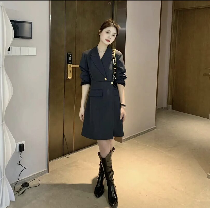 swvws Korean Chic Solid Short Dresses for Women  Autumn New Fashion Long Sleeve Notched Slim Office Lady A-line Female Clothing