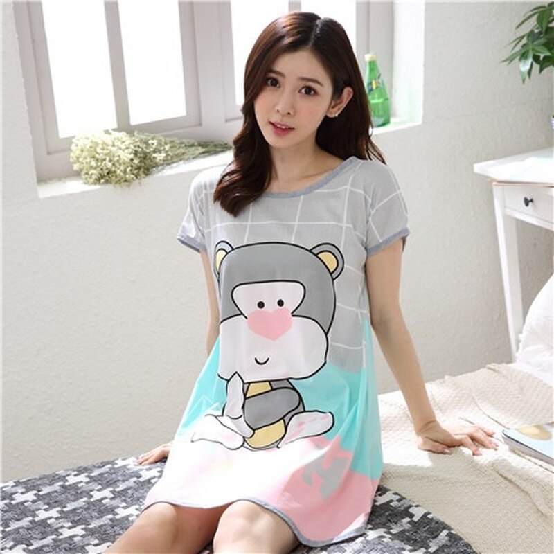 swvws Summer Cartoon Nightdress Ladies Milk Silk Double-Sided Printing Cute Nightdress Women's Nightgown Sleepwear Night Wear