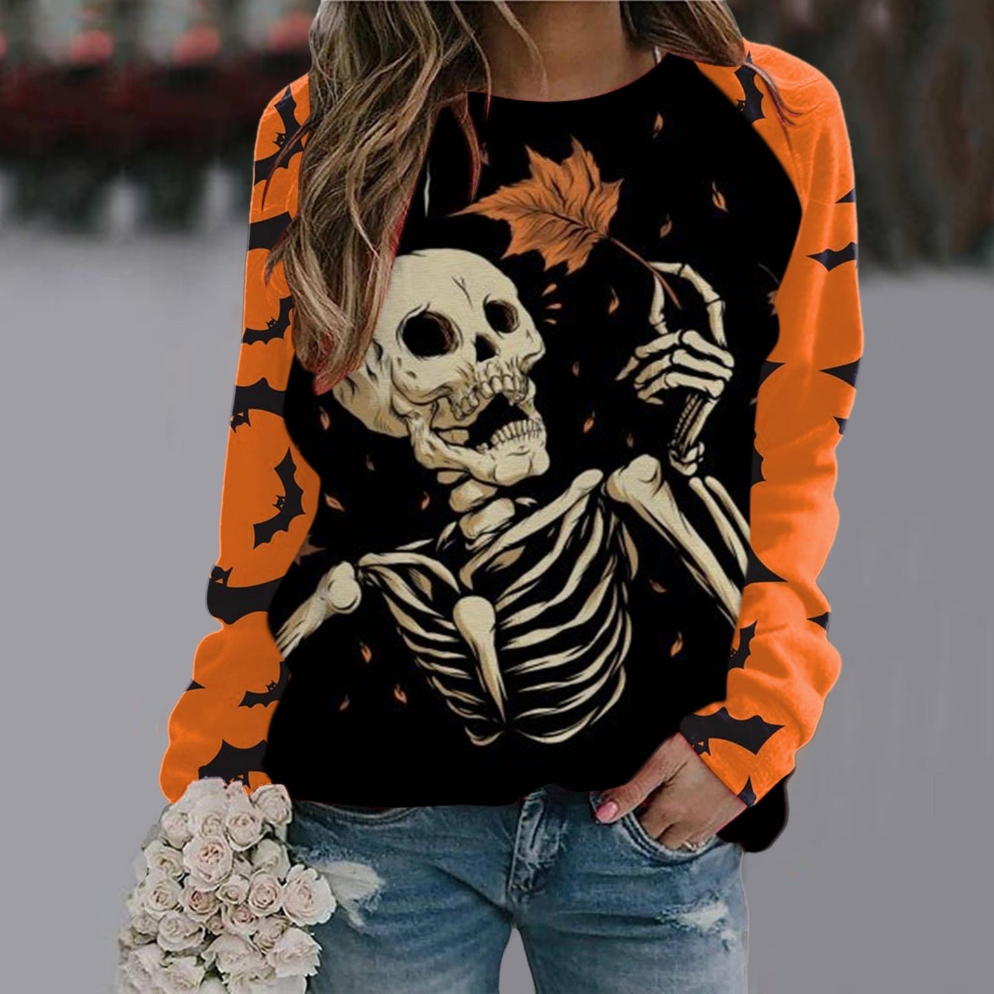 swvws Halloween Hoodies Womens Halloween Pumpkin Skull Long Sleeve Sweatshirt Lightweight Casual Pullover Top Halloween Sweatshirts Moletom Feminino