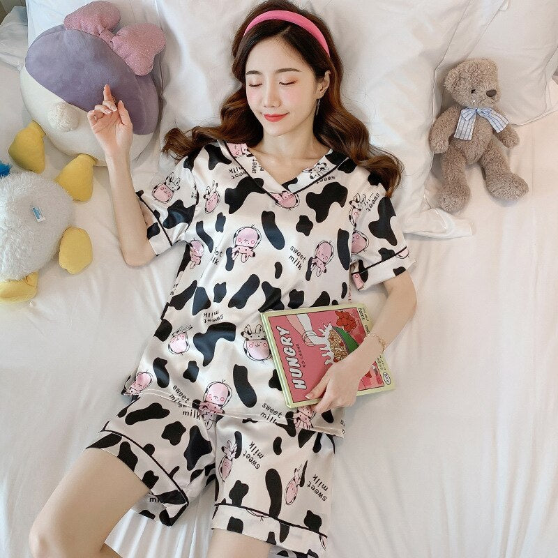 swvws Women's Summer Thin Ice Silk Pajamas Short-Sleeved Korean Version Cute Silk Student Cartoon Home Clothes Two-Piece Suit