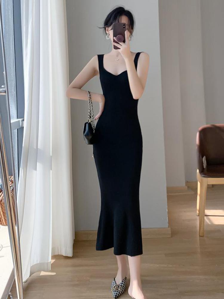 swvws Korea Summer New Women White Elegant V-neck Knit Slip Long Dress French Black Sexy Club Slim Prom Evening Party Fishtail Dresses