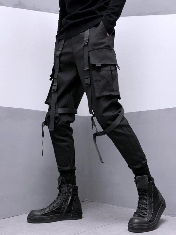 swvws Back To School  Black Cargo Pants For Men Cargo Trousers Male Japanese Streetwear Hip Hop Spring Ribbon Pocket Harajuku Fashion