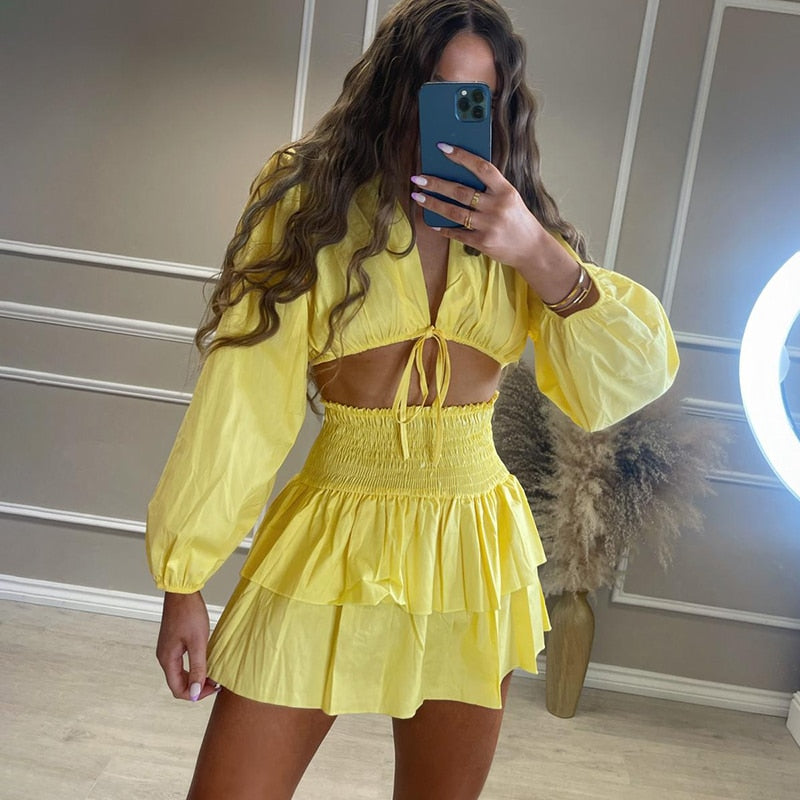 swvws  V Neck Short Tops Suits Women Fashion Lace Up Solid Suit Women Elegant Ruffle Mini Skirts Suits Female Ladies