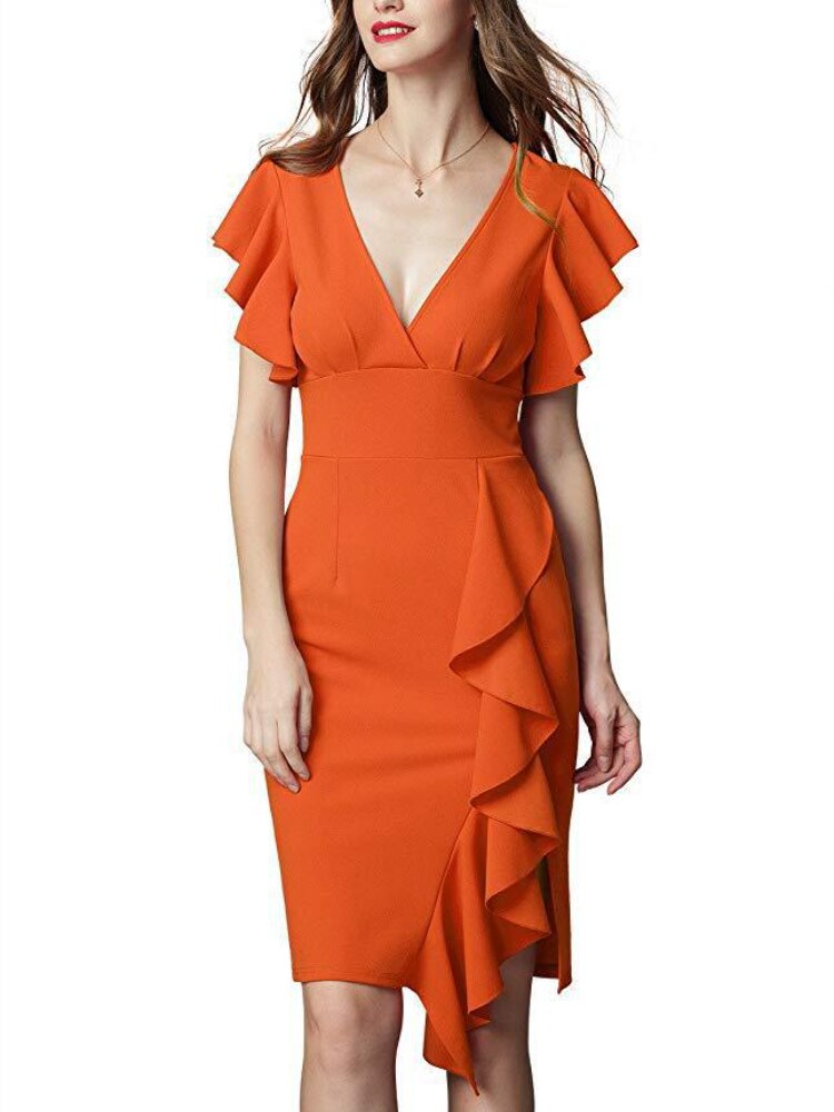 Spring and Summer New Dresses Deep V-neck Ruffle Sleeves Cocktail Dress Women's Dress Temperament Commuter Office All-match