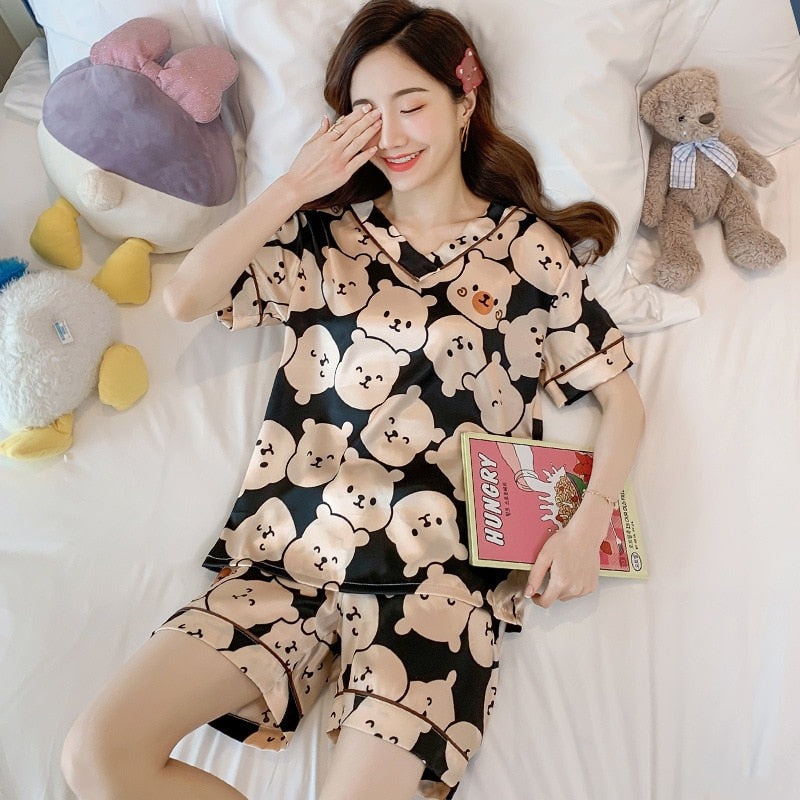 swvws Women's Summer Thin Ice Silk Pajamas Short-Sleeved Korean Version Cute Silk Student Cartoon Home Clothes Two-Piece Suit