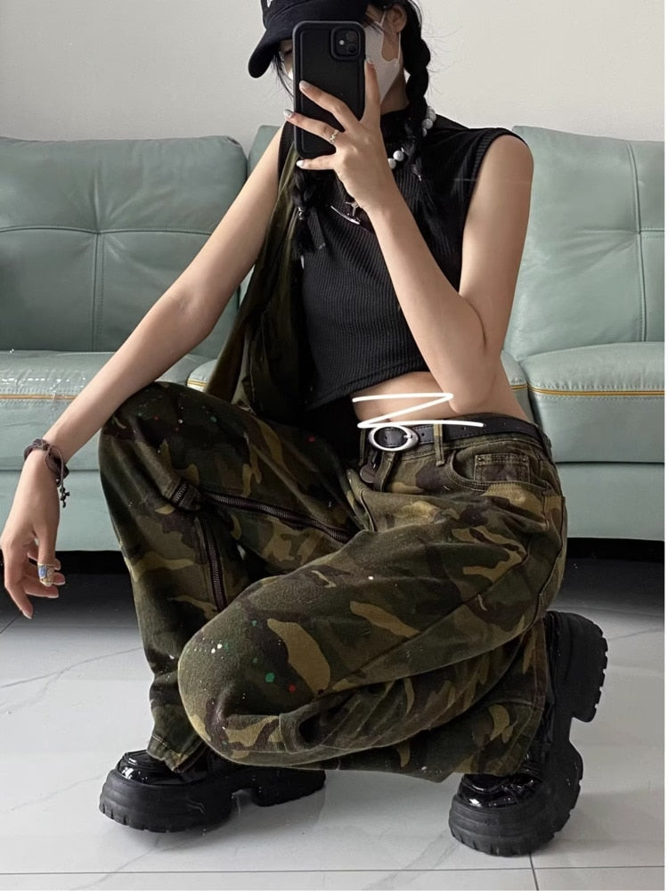 swvws Loose Splashed Ink Speaker Camouflage Pants Trendy Hip-hop Vintage Versatile Work Clothes Pants Wide Leg Pants Women's Jeans