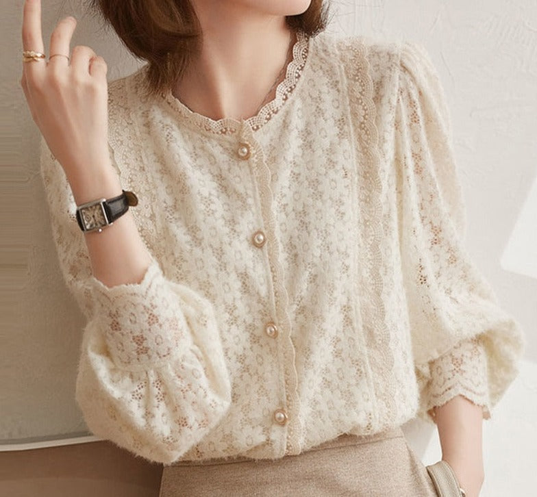 swvws Crochet Lace Women Shirt Fashion Vintage Flowers Button Shirts Elegant Casual Loose Puff Long Sleeve Blouses Tops Blusas