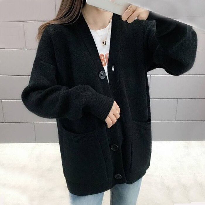 swvws Autumn Loose Cardigans Casual Vintage Women Knitted Sweaters  Fashion Korean Long Sleeve Knitwear Female Solid V-Neck Sweaters