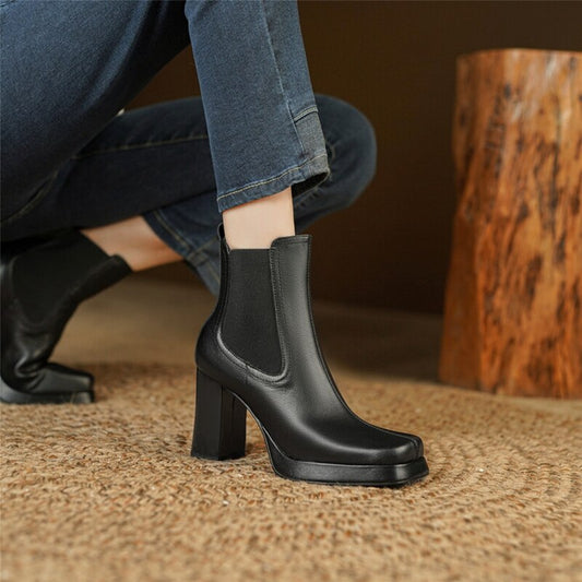 swvws Autumn Boots   NEW Fall Shoes Women Split Leather Boots Square Toe Chunky Heel Shoes Solid Platform Modern Boots Eengent Super High Heel Boots