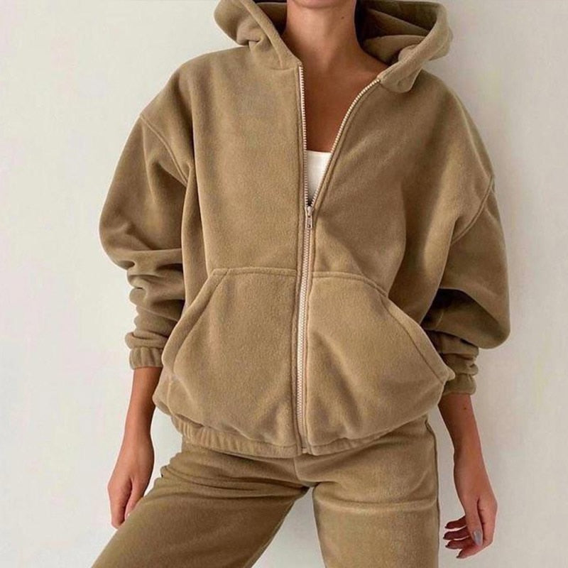 swvws Back To School Women Autumn Winter Fashion Hooded Zipper Outerwear And Harem Pant Suit Female Casual Tracksuit Two Piece Sets